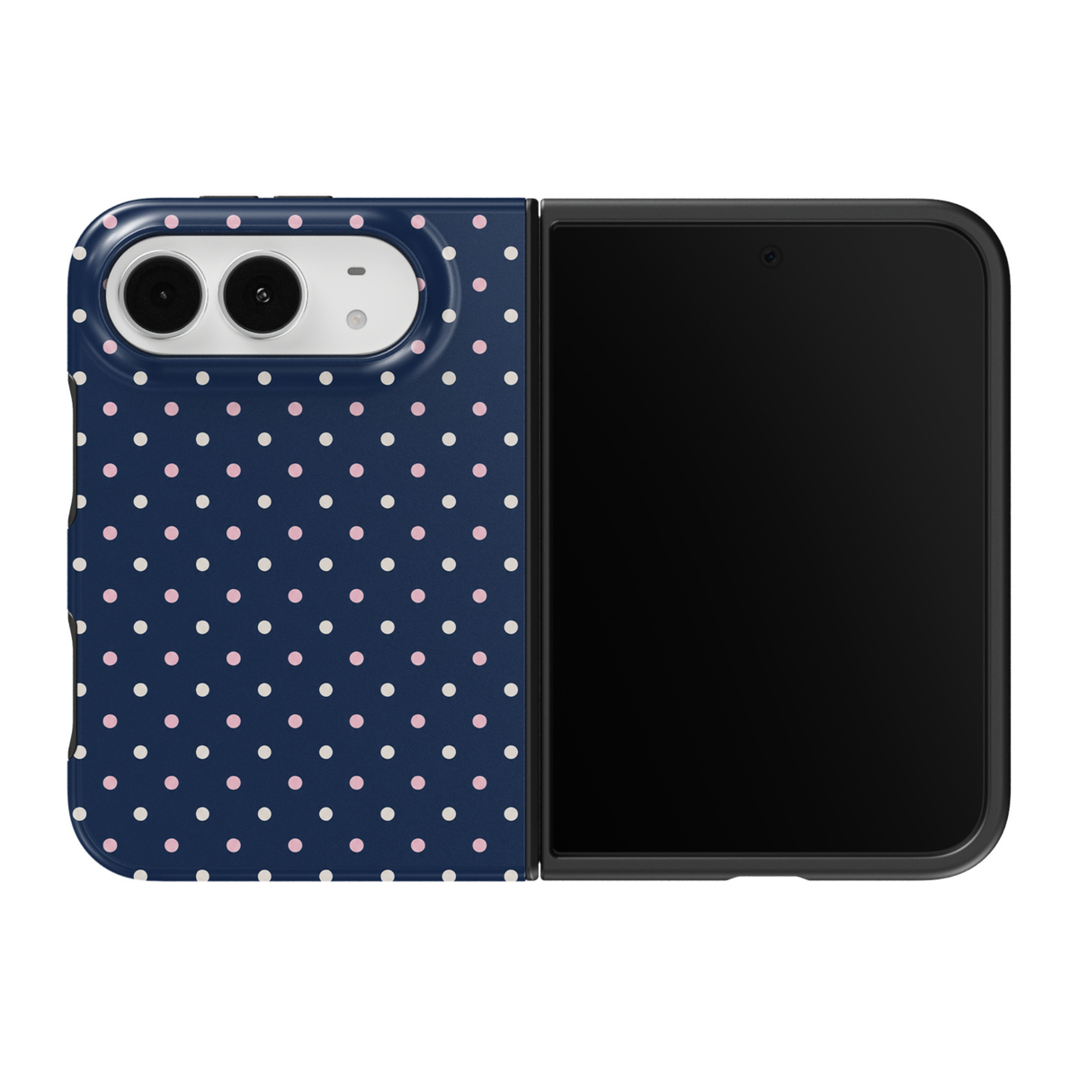 CASELIX Navy Polka iPhone Duo Tough MagSafe folding phone case featuring a deep midnight-navy blue background decorated with evenly spaced blush-pink and ivory-white polka dots in a classic repeating geometric pattern. Chic navy blue polka dot phone case for women with a glossy printed finish, feminine preppy aesthetic, timeless vintage-inspired dotted design, coastal chic fashion style, minimalist geometric artwork, and protective two-piece foldable construction.
