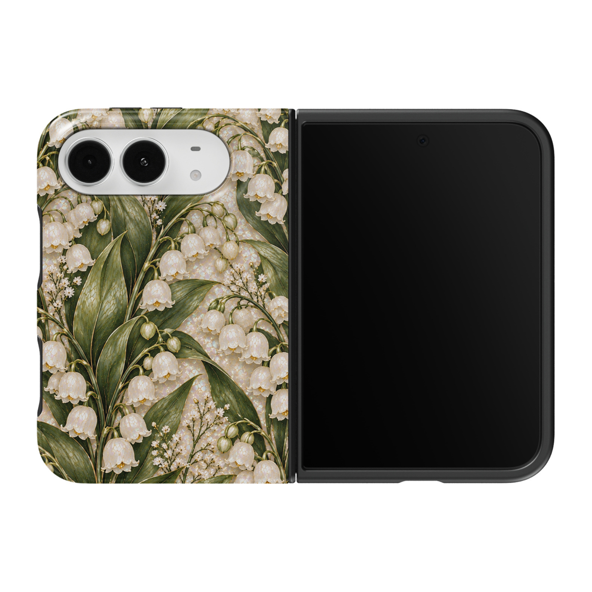 CASELIX Lily of the Valley iPhone Duo Tough MagSafe folding phone case featuring delicate ivory-white bell-shaped lily of the valley flowers, lush sage-green leaves, golden botanical accents, and pearlescent stained-glass-inspired textures. Elegant May birth flower phone case for women with a glossy printed finish, romantic cottagecore aesthetic, vintage botanical design, meaningful floral symbolism, and protective two-piece foldable construction. Beautiful May birthday gift idea for flower lovers.
