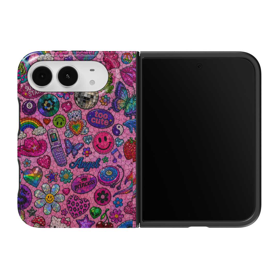 CASELIX Y2K Pop Princess iPhone 18 Duo Tough MagSafe folding phone case featuring a bright pink retro Y2K sticker collage with colorful mosaic butterflies, rainbow hearts, smiley faces, disco balls, vintage flip phones, strawberries, flowers, peace signs, and playful Angel, Princess, and Too Cute lettering. Trendy 2000s-inspired phone case for women with a glossy finish, nostalgic girly aesthetic, and protective foldable design.