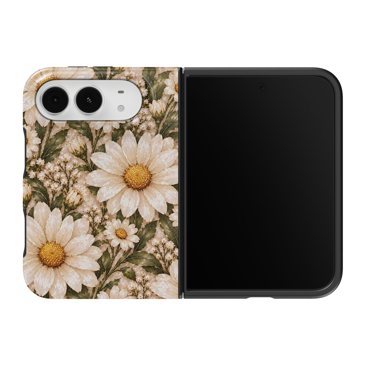 CASELIX April Daisy iPhone Duo Tough MagSafe folding phone case featuring elegant ivory-white daisies with golden-yellow centers, delicate white wildflowers, sage-green botanical leaves, and intricate gold-veined petals over a luminous pearlescent stained-glass-inspired background. Beautiful April birth flower phone case for women with a glossy printed finish, romantic cottagecore aesthetic, vintage botanical artwork, sophisticated spring floral design, and protective two-piece foldable construction. Though
