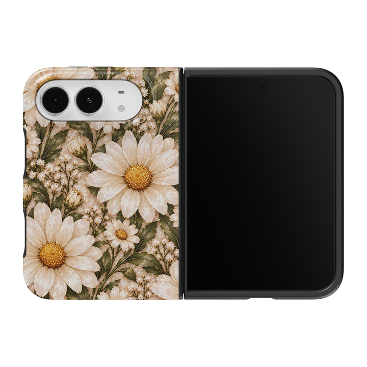 CASELIX April Daisy iPhone Duo Tough MagSafe folding phone case featuring elegant ivory-white daisies with golden-yellow centers, delicate white wildflowers, sage-green botanical leaves, and intricate gold-veined petals over a luminous pearlescent stained-glass-inspired background. Beautiful April birth flower phone case for women with a glossy printed finish, romantic cottagecore aesthetic, vintage botanical artwork, sophisticated spring floral design, and protective two-piece foldable construction. Though
