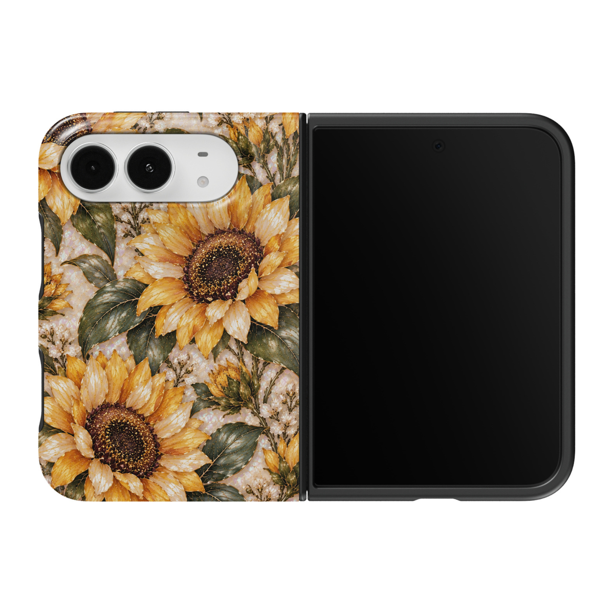 CASELIX Golden Sunflower iPhone Duo Tough MagSafe folding phone case featuring radiant golden-yellow sunflowers with rich dark brown centers, delicate ivory wildflowers, sage-green botanical leaves, and intricate champagne-gold detailing over a luminous pearlescent stained-glass-inspired background. Elegant sunflower phone case for women with a glossy printed finish, romantic cottagecore aesthetic, vintage botanical artwork, cheerful summer floral design, and protective two-piece foldable construction. Beau