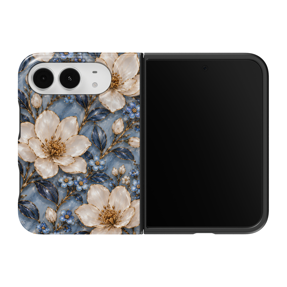 CASELIX Sapphire Magnolia iPhone Duo Tough MagSafe folding phone case featuring large ivory-white magnolia flowers with golden centers, delicate powder-blue blossoms, deep sapphire-blue botanical leaves, and elegant ivory flower buds against a soft dusty-blue background. Luxury blue and white floral phone case for women with a glossy printed finish, intricate champagne-gold detailing, pearlescent stained-glass-inspired artwork, romantic vintage botanical aesthetic, and protective two-piece foldable construc
