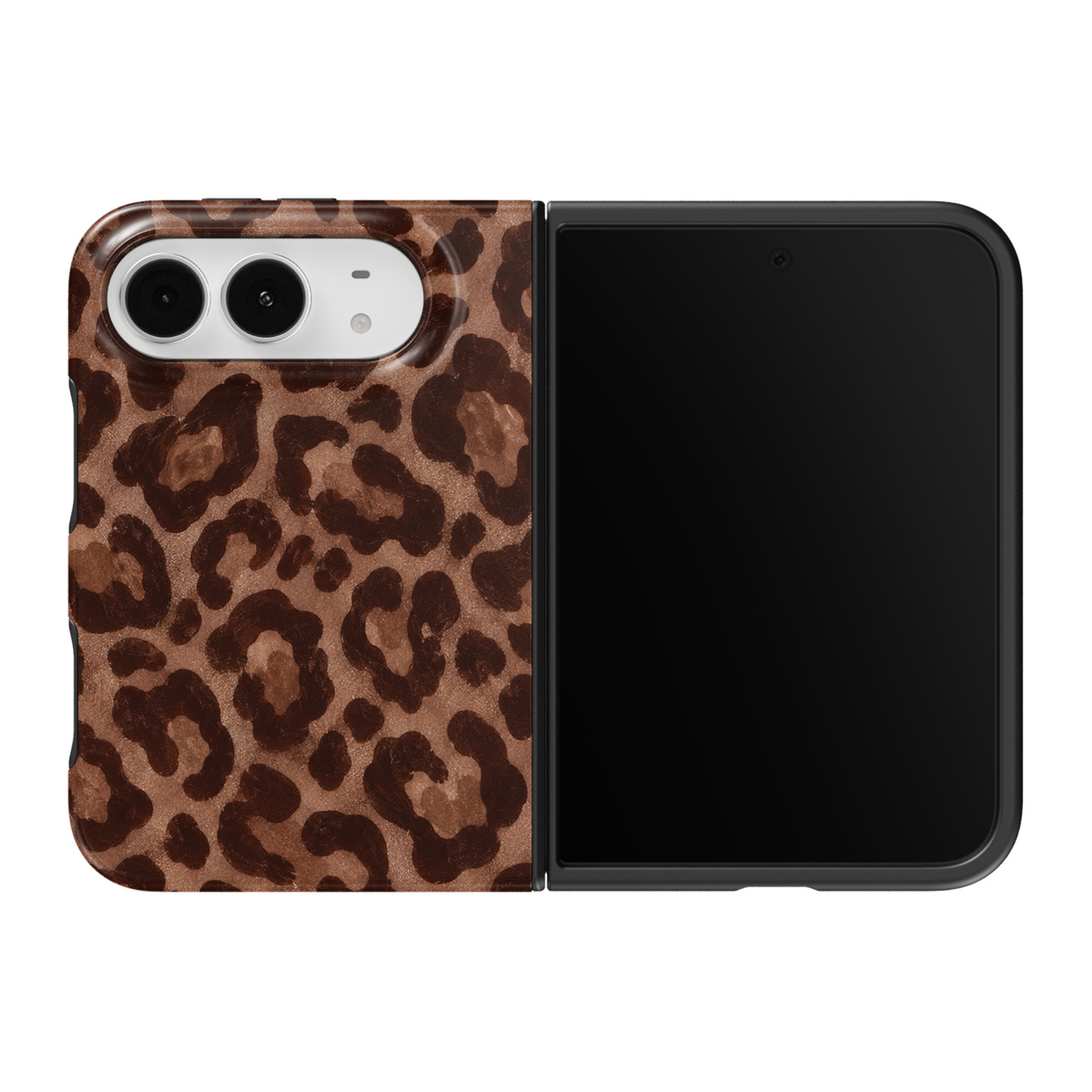 CASELIX Mocha Leopard iPhone Duo Tough MagSafe folding phone case featuring a warm mocha-brown background decorated with oversized dark chocolate leopard spots, soft caramel-brown centers, and a subtle textured animal-print effect. Trendy brown leopard print phone case for women with a glossy printed finish, chic neutral aesthetic, classic cheetah-inspired pattern, fashionable chocolate-brown color palette, bold animal-print artwork, and protective two-piece foldable construction.