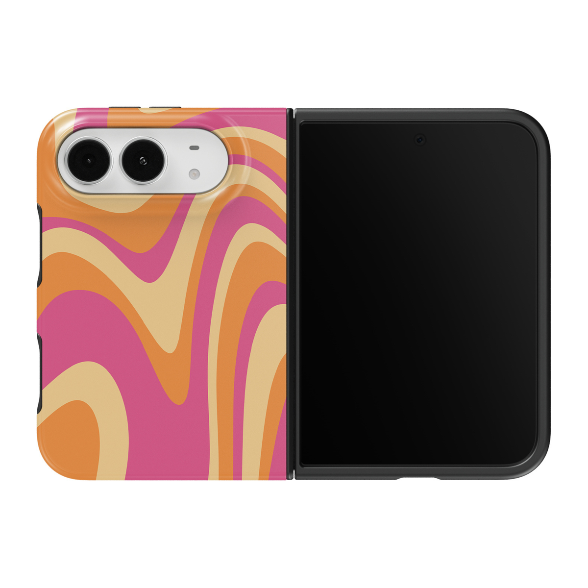 CASELIX Sunset Swirl iPhone Duo Tough MagSafe folding phone case featuring bold abstract wavy stripes in vibrant hot pink, tangerine orange, and buttery cream yellow, arranged in a flowing retro psychedelic swirl pattern. Trendy pink and orange groovy phone case for women with a glossy printed finish, 70s-inspired vintage aesthetic, colorful geometric wave artwork, playful summer fashion style, and protective two-piece foldable construction.
