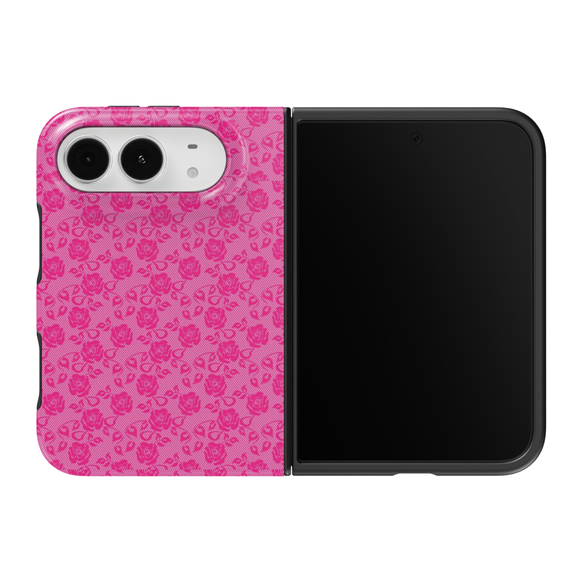 CASELIX Pink Rose Lace iPhone Duo Tough MagSafe folding phone case featuring a vibrant bubblegum-pink background decorated with repeating hot-pink roses, delicate floral vines, leafy accents, and intricate lace-inspired botanical patterns with a subtle woven-texture effect. Cute pink floral phone case for women with a glossy printed finish, romantic coquette aesthetic, vintage rose lace design, trendy Y2K girly fashion style, monochromatic pink artwork, and protective two-piece foldable construction.