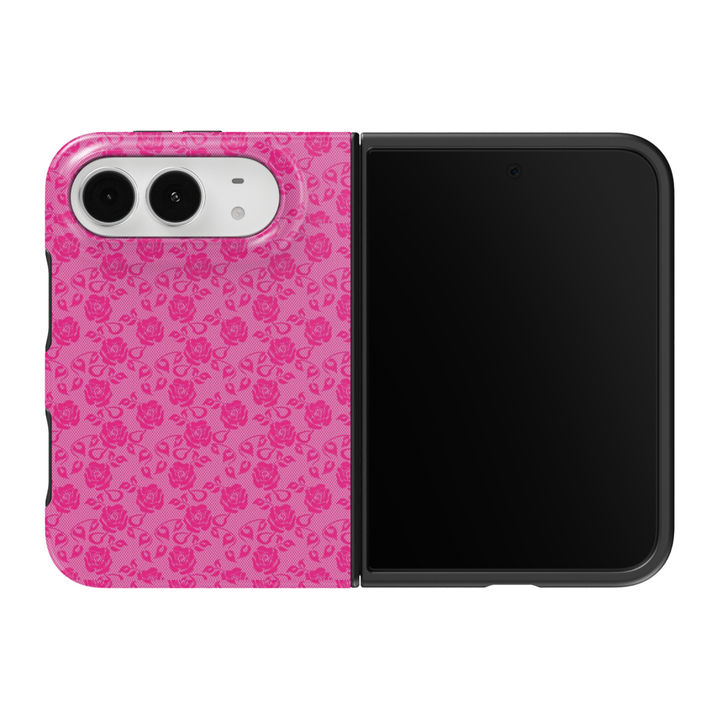 CASELIX Pink Rose Lace iPhone Duo Tough MagSafe folding phone case featuring a vibrant bubblegum-pink background decorated with repeating hot-pink roses, delicate floral vines, leafy accents, and intricate lace-inspired botanical patterns with a subtle woven-texture effect. Cute pink floral phone case for women with a glossy printed finish, romantic coquette aesthetic, vintage rose lace design, trendy Y2K girly fashion style, monochromatic pink artwork, and protective two-piece foldable construction.