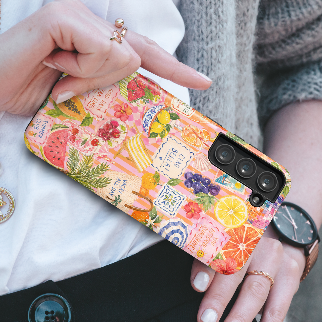 Colorful Italian summer Samsung Galaxy S26 Ultra case with fruit collage, citrus, cherries, and vacation theme design.