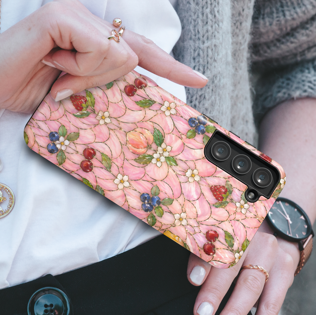 Girly pink floral Samsung Galaxy S26 Ultra case with fruit pattern featuring cherries, strawberries, and blueberries.