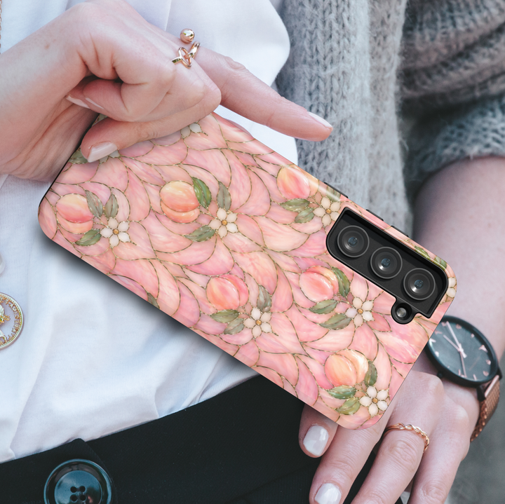 Soft peach floral Samsung Galaxy S26 Ultra case with elegant pink tones and orchard fruit pattern.