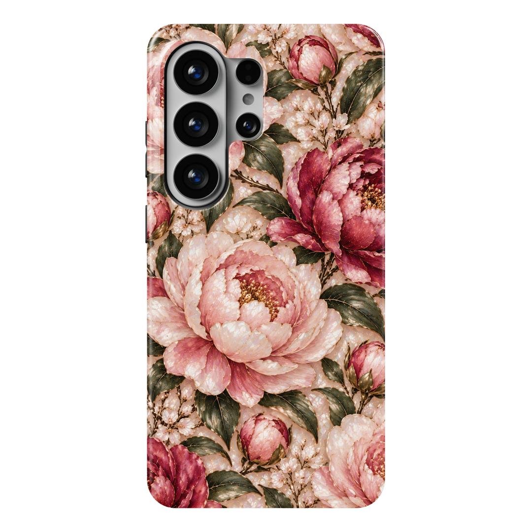 CASELIX Blushing Peony Samsung Galaxy S26 Ultra Tough MagSafe protective phone case featuring a luxurious pearlescent ivory and soft champagne background adorned with romantic blush-pink peonies, rich dusty-rose blossoms, and delicate rose-colored flower buds. Large, beautifully layered peony flowers showcase luminous mother-of-pearl-inspired petals, intricate champagne-gold outlines, warm golden stamens, and subtle shimmering accents. Elegant sage-green and deep olive botanical leaves intertwine with grace
