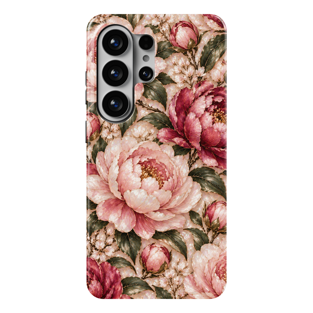 CASELIX Blushing Peony Samsung Galaxy S26 Ultra Tough MagSafe protective phone case featuring a luxurious pearlescent ivory and soft champagne background adorned with romantic blush-pink peonies, rich dusty-rose blossoms, and delicate rose-colored flower buds. Large, beautifully layered peony flowers showcase luminous mother-of-pearl-inspired petals, intricate champagne-gold outlines, warm golden stamens, and subtle shimmering accents. Elegant sage-green and deep olive botanical leaves intertwine with grace
