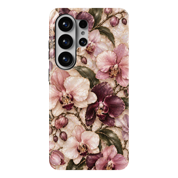 CASELIX Orchid Elegance Samsung Galaxy S26 Ultra Tough MagSafe protective phone case featuring a luxurious pearlescent ivory and champagne-cream background adorned with elegant orchids in soft blush pink, dusty mauve, deep plum-purple, and creamy white. Beautifully detailed orchid blossoms showcase luminous mother-of-pearl-inspired petals, delicate champagne-gold outlines, intricate burgundy floral centers, and subtle golden speckles. Graceful olive-green botanical leaves intertwine with slender bronze-gold