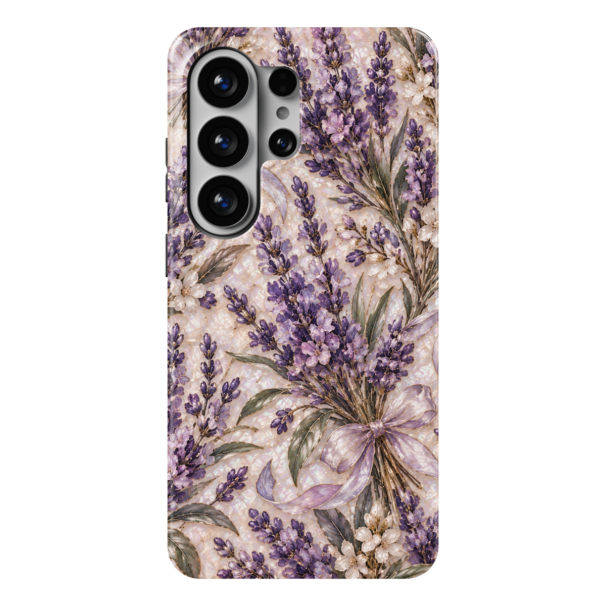 CASELIX Lavender Serenity Samsung Galaxy S26 Ultra Tough MagSafe protective phone case featuring a luxurious pearlescent ivory and soft champagne background adorned with delicate lavender sprigs in dreamy violet, lilac, and soft purple tones. Beautifully arranged lavender bouquets showcase intricate floral clusters, graceful sage-green leaves, and elegant champagne-gold botanical stems. Romantic lavender satin bows with luminous mother-of-pearl-inspired textures complement the delicate white blossoms and so