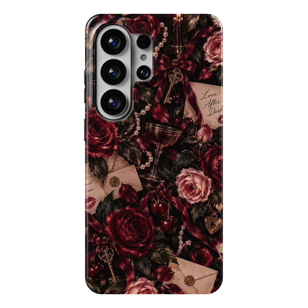CASELIX Love After Dark Samsung Galaxy S26 Ultra Tough MagSafe protective phone case featuring a luxurious midnight-black and deep burgundy background adorned with romantic crimson roses, delicate dusty-pink blossoms, and elegant wine-red satin bows. Vintage-inspired love letters and cream envelopes sealed with ornate golden wax hearts intertwine with antique skeleton keys, ruby-accented heart lockets, luminous pearl strands, and glossy dark red cherries. A sophisticated vintage cocktail glass, glowing burg