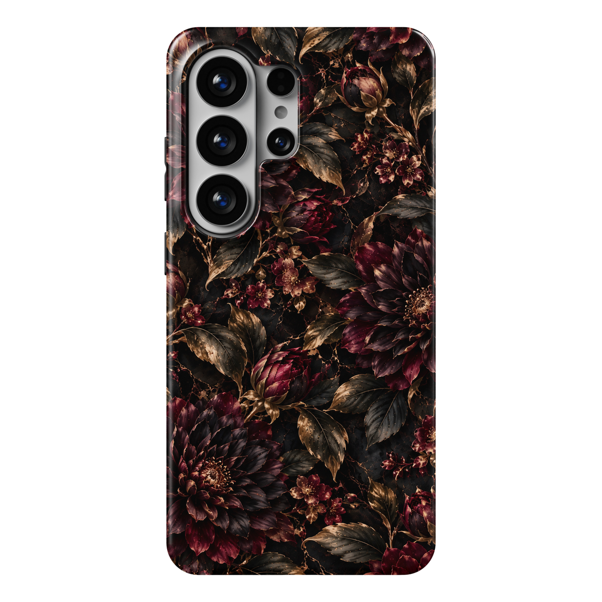 CASELIX Obsidian Bloom Samsung Galaxy S26 Ultra Tough MagSafe protective phone case featuring a luxurious obsidian-black marble-inspired background adorned with dramatic deep burgundy dahlias, dark plum-purple blossoms, and romantic wine-red floral buds. Intricate antique-gold marble veining flows through the rich black background, while elegant charcoal-green botanical leaves with warm bronze-gold highlights intertwine with delicate flowering branches and small crimson blossoms. Velvety layered petals, int