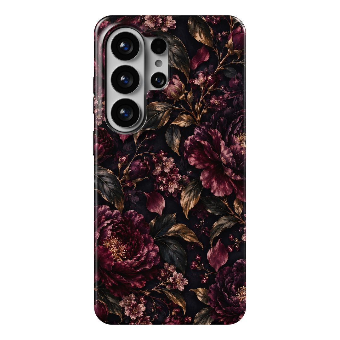 CASELIX Velvet Nocturne Samsung Galaxy S26 Ultra Tough MagSafe protective phone case featuring a luxurious midnight-black and deep plum-burgundy background adorned with dramatic wine-red peonies, romantic dark purple blossoms, and delicate dusty-rose floral clusters. Rich antique-gold and charcoal-green botanical leaves intertwine with graceful bronze-inspired stems, elegant unopened flower buds, and softly scattered burgundy petals. Intricate golden stamens, velvety layered flower petals, and subtle shadow