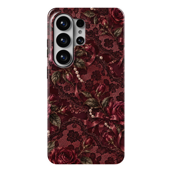 CASELIX Bordeaux Lace Samsung Galaxy S26 Ultra Tough MagSafe protective phone case featuring a luxurious deep burgundy and dark wine-red background adorned with intricate vintage-inspired black floral lace, romantic crimson roses, and delicate burgundy rosebuds. Elegant antique-gold botanical leaves intertwine with rich wine-colored satin ribbons, beautifully tied bows, and graceful strands of luminous ivory and blush-pink pearls. Ornate scalloped lace patterns, intricate floral embroidery-inspired details,