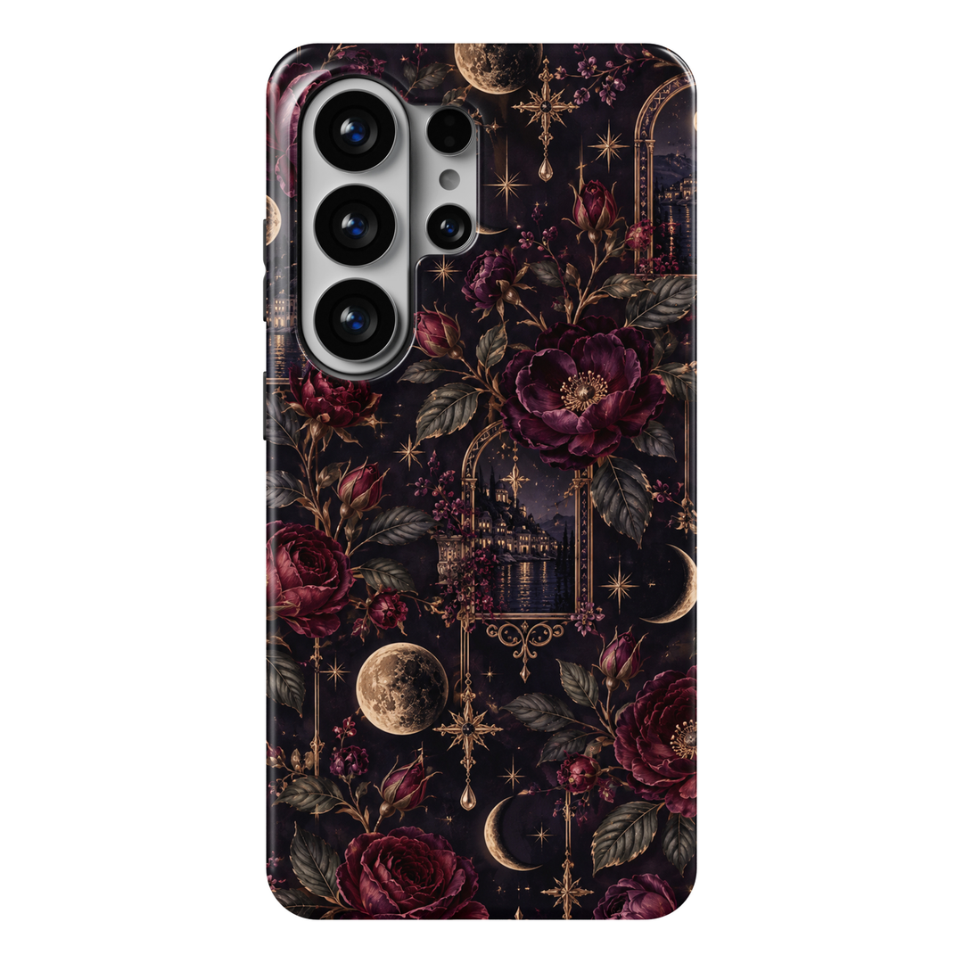 CASELIX Nocturne Romance Samsung Galaxy S26 Ultra Tough MagSafe protective phone case featuring a luxurious midnight-black and deep plum-purple background adorned with romantic burgundy roses, dark amethyst peonies, delicate rosebuds, and antique-gold botanical leaves. Ornate golden Gothic archways frame enchanting moonlit European castle scenes overlooking shimmering waterfronts, surrounded by luminous vintage-inspired full moons, elegant crescent moons, radiant celestial stars, and delicate hanging crysta