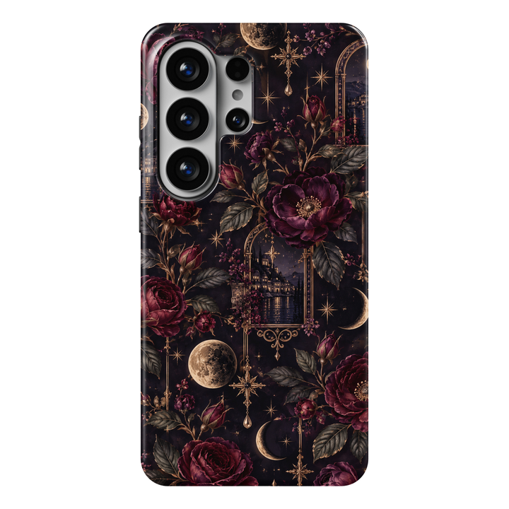 CASELIX Nocturne Romance Samsung Galaxy S26 Ultra Tough MagSafe protective phone case featuring a luxurious midnight-black and deep plum-purple background adorned with romantic burgundy roses, dark amethyst peonies, delicate rosebuds, and antique-gold botanical leaves. Ornate golden Gothic archways frame enchanting moonlit European castle scenes overlooking shimmering waterfronts, surrounded by luminous vintage-inspired full moons, elegant crescent moons, radiant celestial stars, and delicate hanging crysta