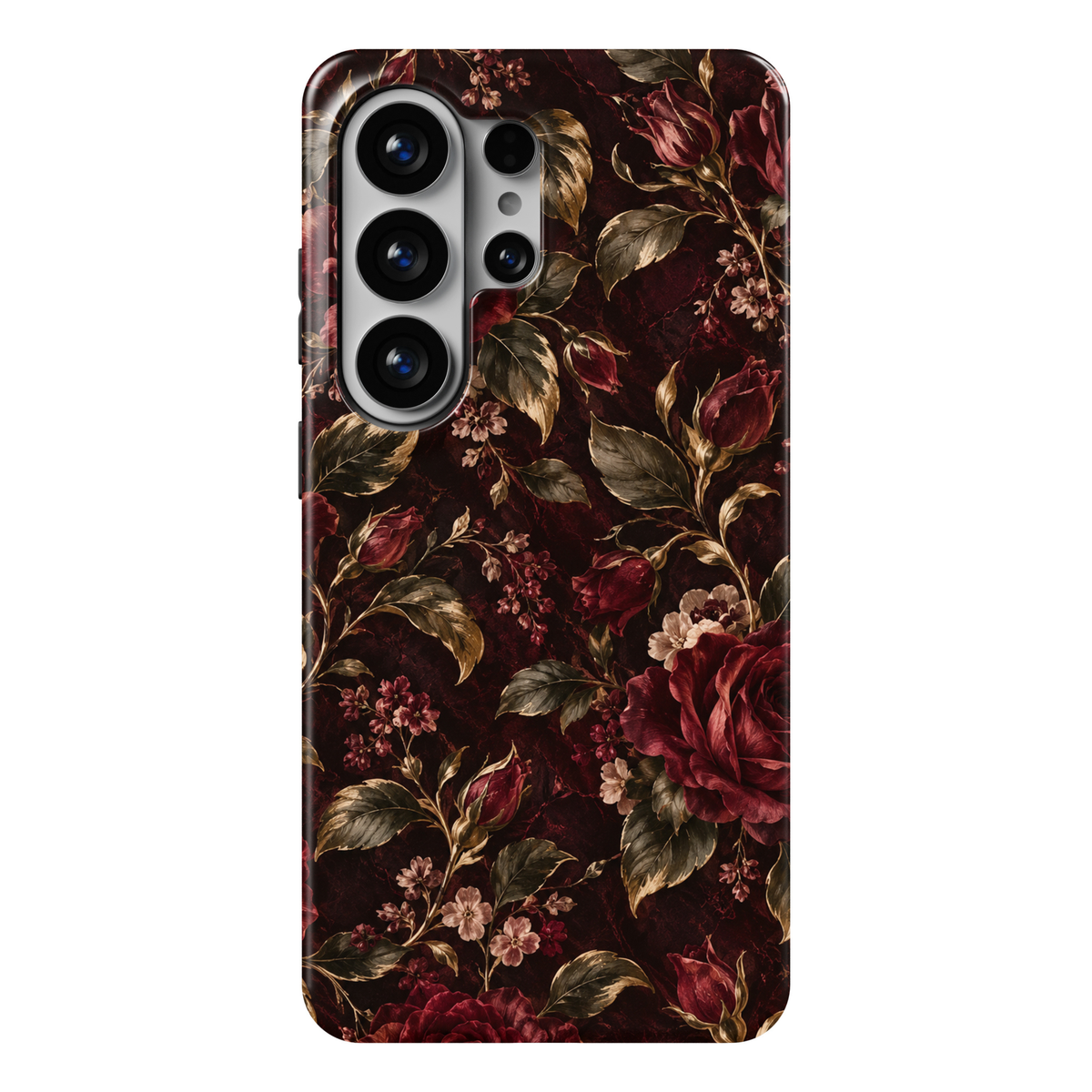 CASELIX Midnight Bordeaux Samsung Galaxy S26 Ultra Tough MagSafe protective phone case featuring a luxurious deep burgundy and midnight-black marble-inspired background adorned with romantic dark crimson roses, elegant wine-red rosebuds, and delicate dusty-pink blossoms. Rich antique-gold and olive-green botanical leaves intertwine with graceful golden stems, intricate floral branches, and softly layered vintage-inspired rose petals. Subtle marbled textures, warm bronze highlights, and dramatic dark floral 