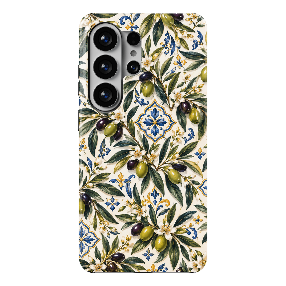 CASELIX Tuscan Olive Samsung Galaxy S26 Ultra Tough MagSafe protective phone case featuring an elegant ivory-white background adorned with lush Mediterranean olive branches, glossy green and deep purple-black olives, delicate white olive blossoms, and graceful sage-green botanical leaves. Intricate cobalt-blue and golden-yellow Italian majolica-inspired ceramic motifs, ornate floral tile medallions, and decorative Mediterranean scrollwork complement the natural olive foliage. The sophisticated repeating pat