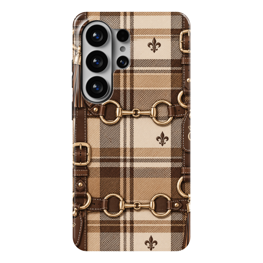 CASELIX Heritage Plaid Samsung Galaxy S26 Ultra Tough MagSafe protective phone case featuring a luxurious camel-beige, warm ivory, and rich chocolate-brown tartan plaid pattern inspired by classic equestrian fashion. Elegant dark brown leather-inspired straps with detailed stitching, polished gold horse-bit hardware, circular riding rings, and sophisticated buckle accents complement the timeless checked design. Delicate fleur-de-lis emblems, refined leather tassels, and layered plaid textures create a disti