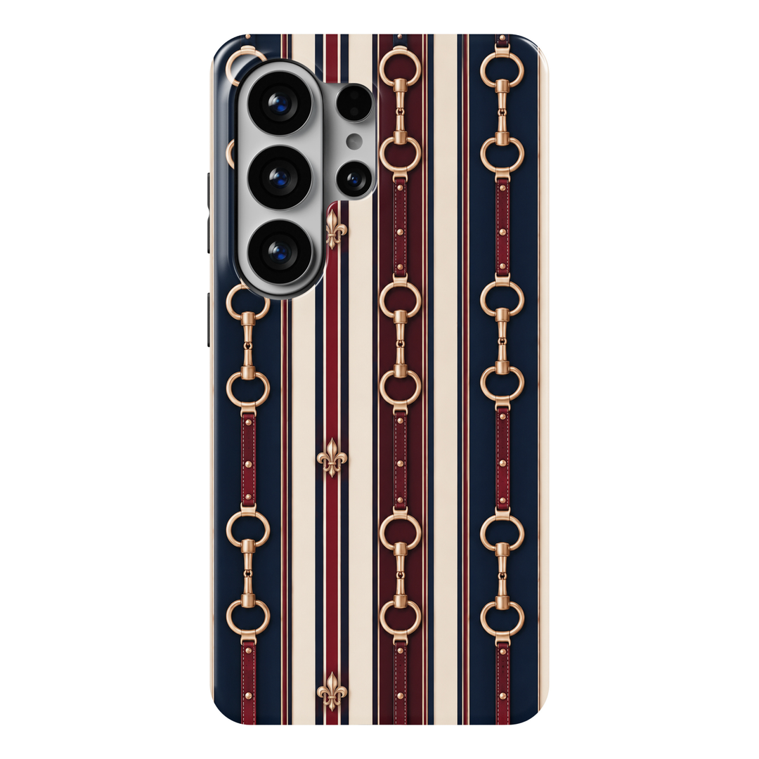 CASELIX Equestrian Royale Samsung Galaxy S26 Ultra Tough MagSafe protective phone case featuring a luxurious navy-blue, deep burgundy, and champagne-cream vertical striped pattern inspired by classic equestrian fashion. Elegant gold-inspired horse-bit hardware, polished circular rings, and richly colored burgundy leather straps with delicate stitching create a sophisticated repeating design. Ornate gold fleur-de-lis emblems, refined cream stripes, and symmetrical riding-inspired details complement the timel