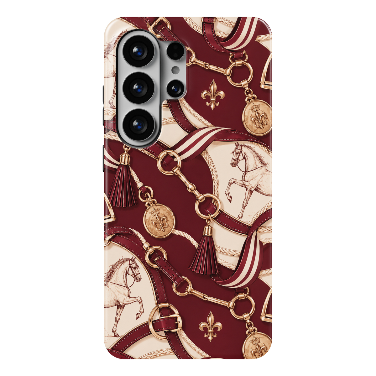 CASELIX Bordeaux Polo Samsung Galaxy S26 Ultra Tough MagSafe protective phone case featuring a luxurious deep burgundy-red and champagne-cream equestrian scarf pattern adorned with elegant illustrated white horses, rich Bordeaux leather straps, and polished gold-inspired horse-bit hardware. Intricate golden buckles, interlocking rings, braided riding ropes, burgundy leather tassels, and flowing striped silk ribbons intertwine with ornate fleur-de-lis emblems and regal gold medallions. The sophisticated repe