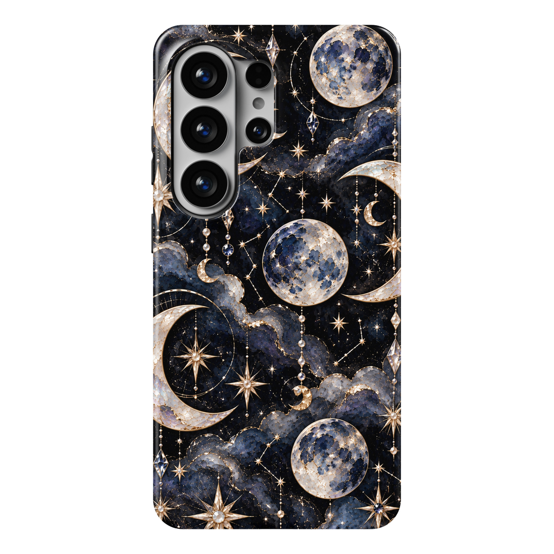 CASELIX Midnight Moonstone Samsung Galaxy S26 Ultra Tough MagSafe protective phone case featuring a luxurious midnight-black and deep sapphire-blue celestial background adorned with luminous pearlescent full moons, elegant ivory crescent moons, and radiant champagne-gold stars. Dreamy swirling clouds in rich navy, slate blue, and silvery moonlight tones intertwine with delicate golden constellations, sparkling stardust, and intricate celestial ornaments. Shimmering moonstone-inspired textures, brilliant eig