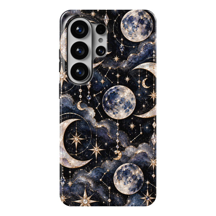 CASELIX Midnight Moonstone Samsung Galaxy S26 Ultra Tough MagSafe protective phone case featuring a luxurious midnight-black and deep sapphire-blue celestial background adorned with luminous pearlescent full moons, elegant ivory crescent moons, and radiant champagne-gold stars. Dreamy swirling clouds in rich navy, slate blue, and silvery moonlight tones intertwine with delicate golden constellations, sparkling stardust, and intricate celestial ornaments. Shimmering moonstone-inspired textures, brilliant eig