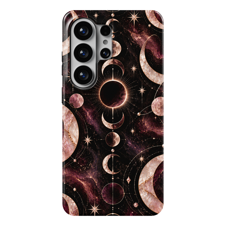 CASELIX Rose Eclipse Samsung Galaxy S26 Ultra Tough MagSafe protective phone case featuring a luxurious midnight-black and deep burgundy cosmic background adorned with a dramatic glowing solar eclipse, luminous rose-gold crescent moons, and elegant lunar phases arranged vertically along the center. Pearlescent blush-pink moons, shimmering champagne-gold stars, and delicate celestial constellations intertwine with dreamy swirling nebula clouds in rich plum, dusty rose, and dark amethyst tones. Intricate gold