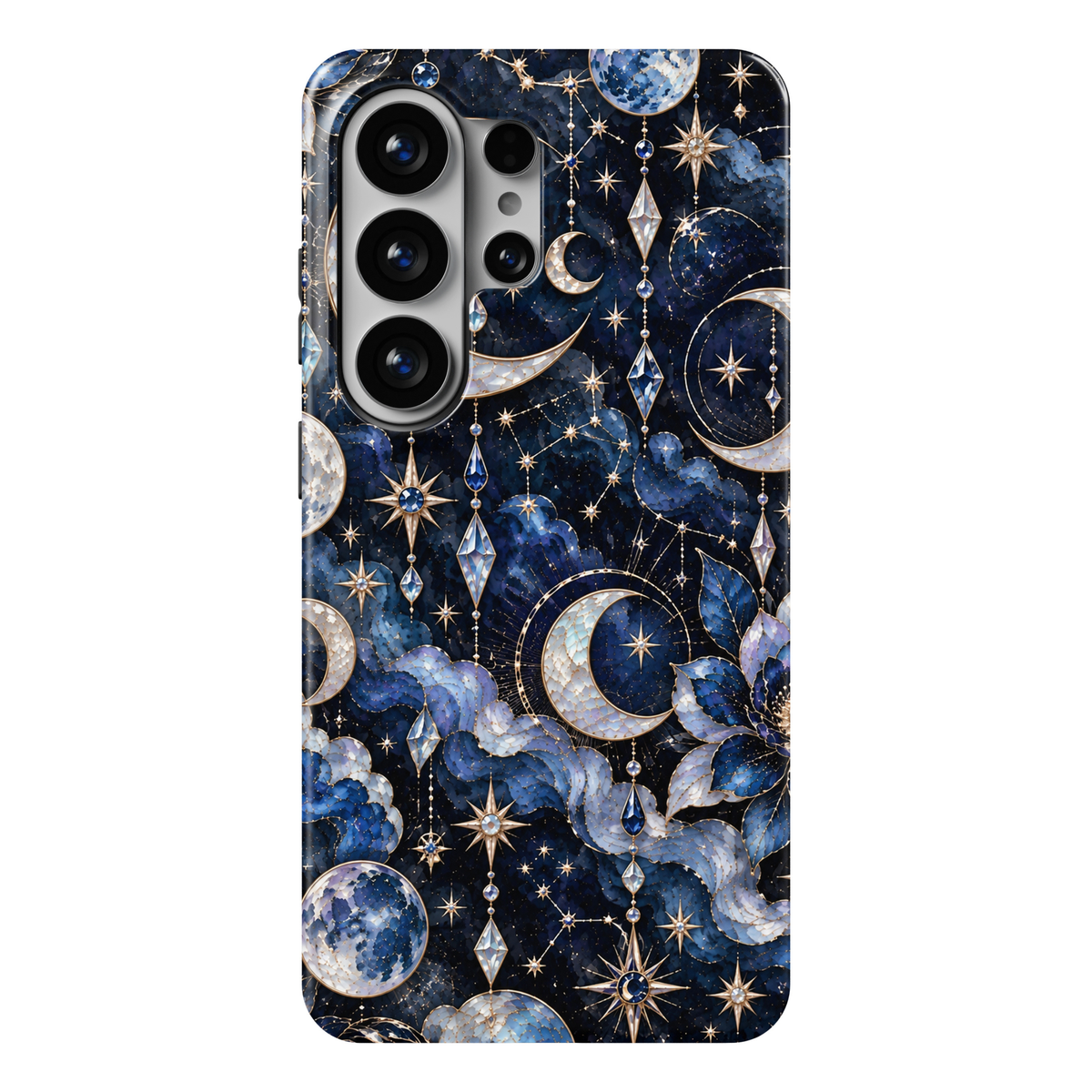 CASELIX Sapphire Moonlight Samsung Galaxy S26 Ultra Tough MagSafe protective phone case featuring a luxurious midnight navy-blue and deep sapphire cosmic background adorned with luminous pearlescent crescent moons, radiant champagne-gold stars, and elegant celestial constellations. Dreamy clusters of sapphire-blue and icy powder-blue flowers intertwine with shimmering moonstone-inspired planets, delicate golden orbital rings, and sparkling crystal ornaments suspended among the stars. Intricate metallic gold