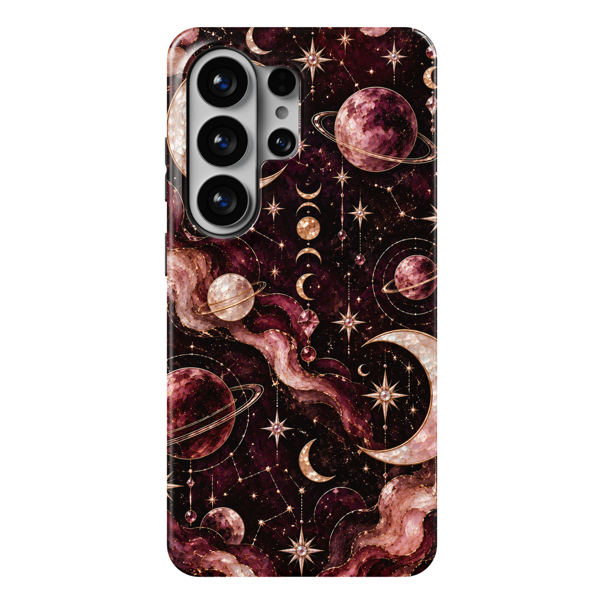 CASELIX Rose Nebula Samsung Galaxy S26 Ultra Tough MagSafe protective phone case featuring a luxurious deep burgundy, black, and rose-purple cosmic background adorned with luminous pearlescent crescent moons, shimmering rose-gold ringed planets, and radiant champagne-gold celestial stars. Dreamy swirling nebula clouds in dusty rose, mauve, and rich plum tones intertwine with delicate golden constellations, sparkling stardust, elegant moon phases, and hanging gemstone-inspired crystal ornaments. Intricate or