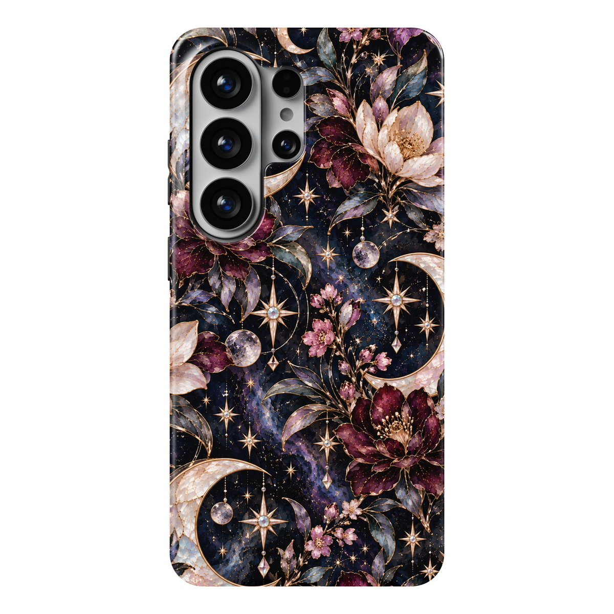 CASELIX Lunar Bloom Samsung Galaxy S26 Ultra Tough MagSafe protective phone case featuring a luxurious midnight navy-blue and deep violet cosmic background adorned with luminous pearlescent crescent moons, radiant champagne-gold stars, and romantic floral blossoms in rich burgundy, soft lavender, and ivory-white tones. Intricate metallic gold-inspired outlines accentuate the delicate flower petals, elegant golden stamens, graceful sapphire-blue botanical leaves, and beautifully detailed flowering branches. 
