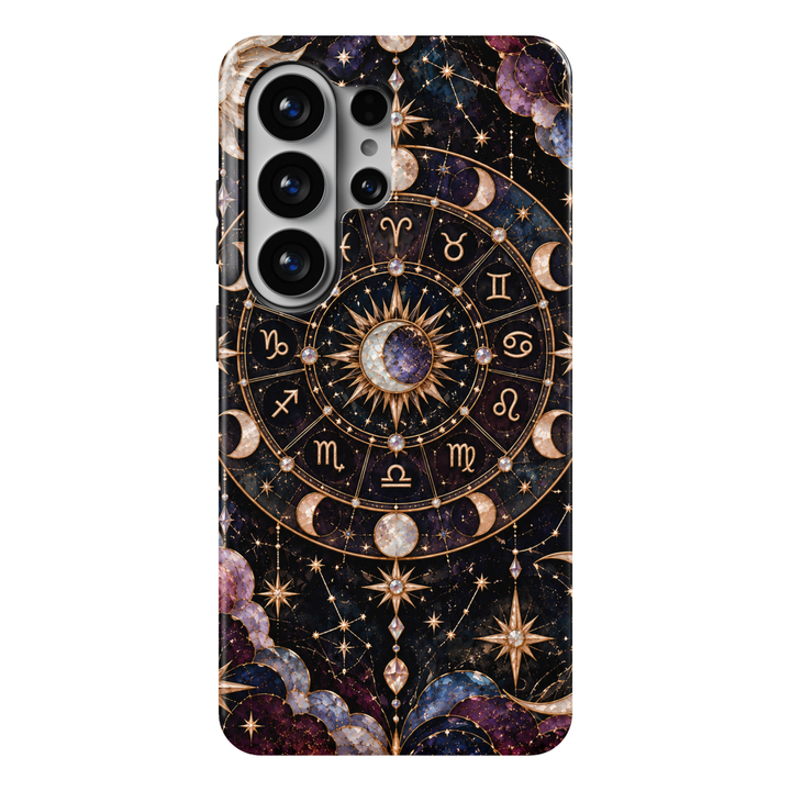 CASELIX Zodiac Royale Samsung Galaxy S26 Ultra Tough MagSafe protective phone case featuring a luxurious midnight navy-blue and deep amethyst-purple cosmic background adorned with an ornate champagne-gold zodiac wheel displaying the twelve astrological signs. At the center, a luminous pearlescent crescent moon rests within an intricate golden sunburst, surrounded by sparkling gemstone-inspired accents, delicate moon phases, and elegant celestial constellations. Radiant eight-pointed stars, shimmering golden