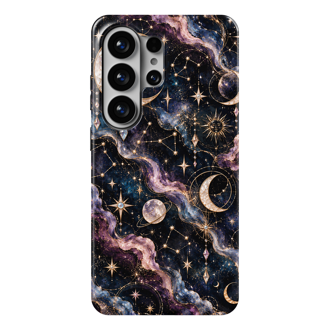 CASELIX Cosmic Reverie Samsung Galaxy S26 Ultra Tough MagSafe protective phone case featuring a luxurious midnight navy-blue and deep violet galaxy background adorned with luminous pearlescent crescent moons, radiant champagne-gold stars, delicate zodiac-inspired constellations, and elegant celestial sun illustrations. Dreamy swirling nebula clouds in sapphire blue, amethyst purple, and soft lavender intertwine with shimmering golden stardust, intricate orbital rings, sparkling gemstone-inspired planets, an