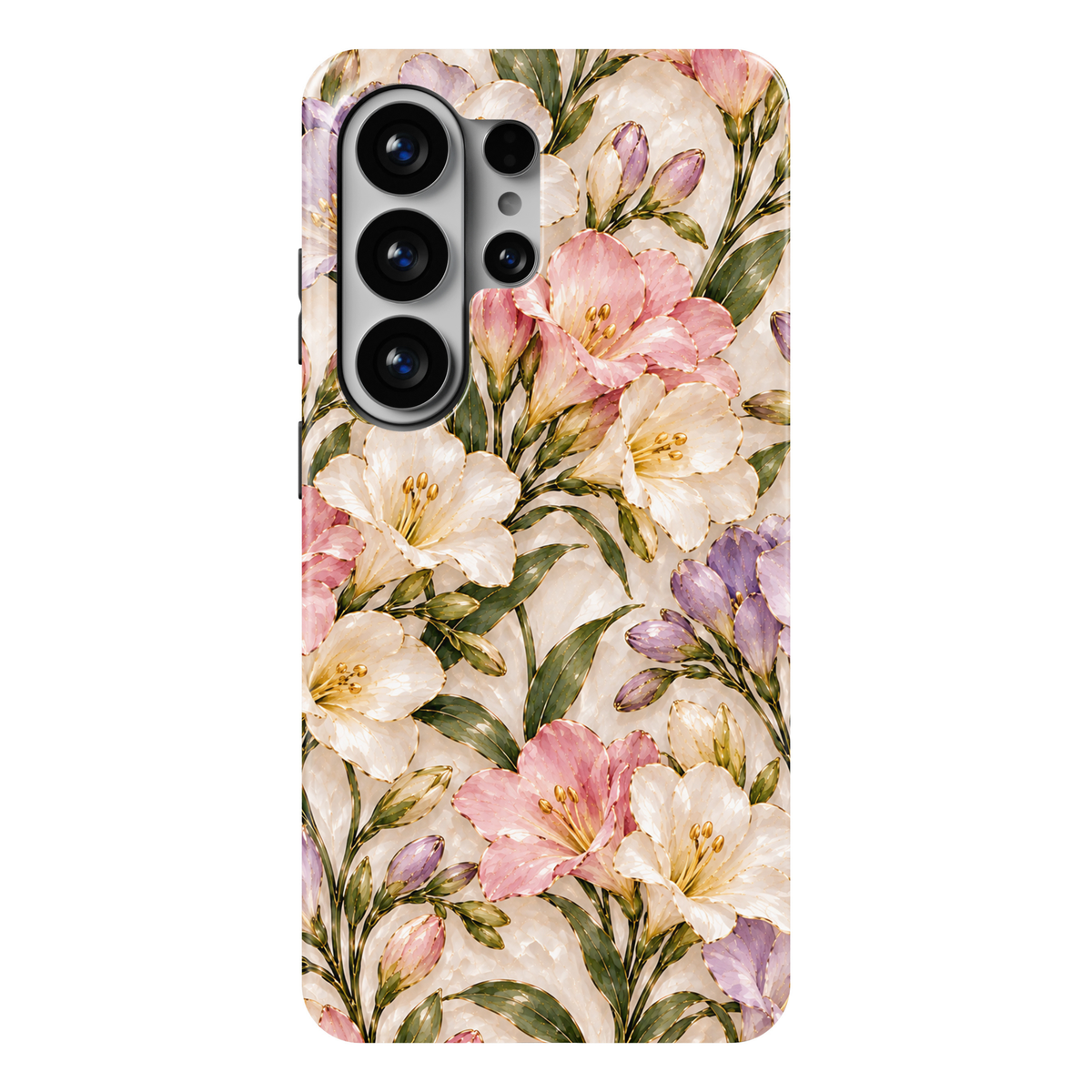 CASELIX Pastel Freesia Samsung Galaxy S26 Ultra Tough MagSafe protective phone case featuring a luxurious pearlescent ivory and champagne-cream background adorned with delicate freesia-inspired blossoms in soft blush pink, creamy white, and pastel lavender. Intricate metallic gold-inspired outlines accentuate the luminous flower petals, elegant golden stamens, graceful green stems, and beautifully detailed unopened floral buds. Rich olive-green botanical leaves and subtle shimmering marble-inspired textures