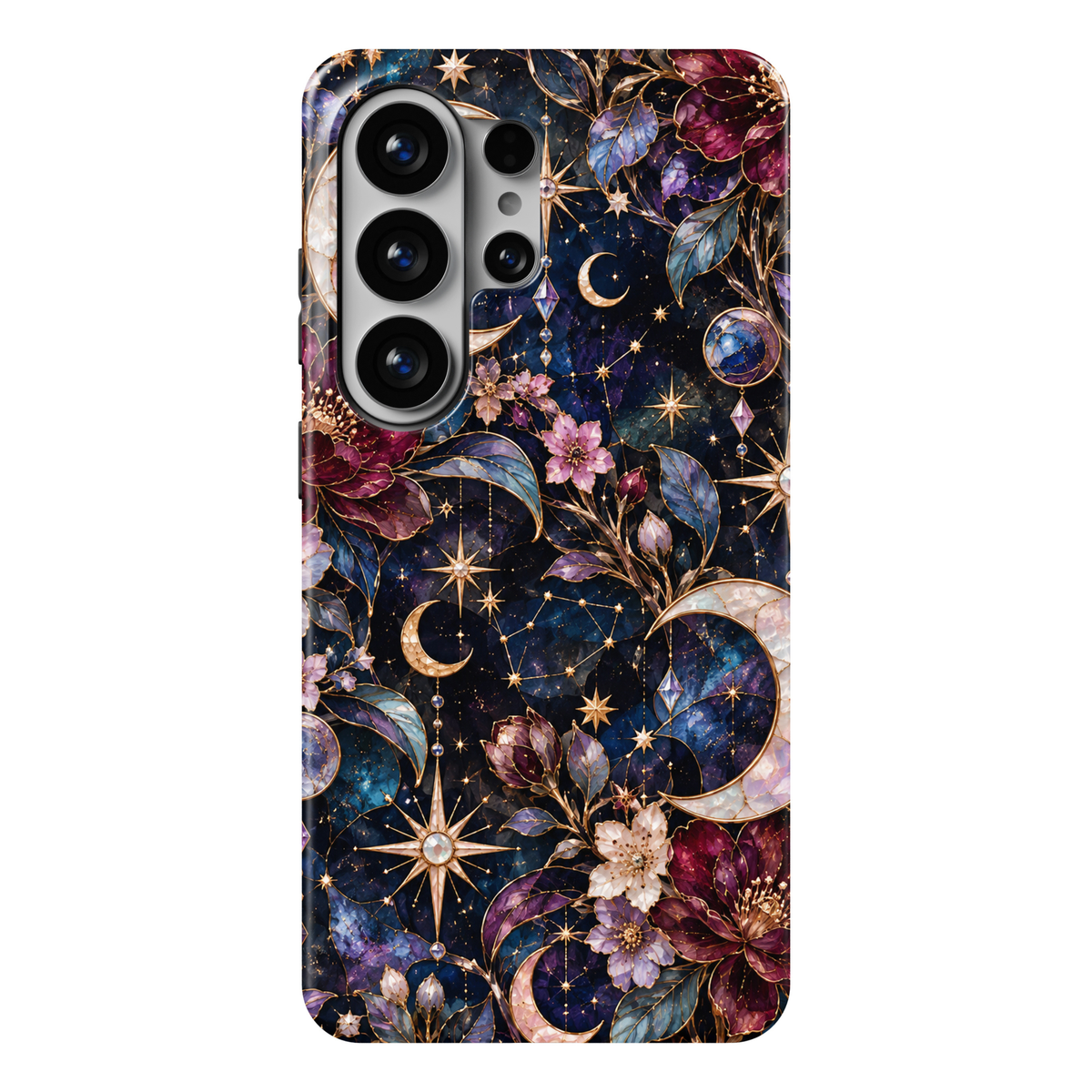 CASELIX Midnight Celestia Samsung Galaxy S26 Ultra Tough MagSafe protective phone case featuring a luxurious midnight navy-blue and deep amethyst-purple cosmic background adorned with luminous pearlescent crescent moons, radiant golden stars, delicate celestial constellations, and sparkling sapphire-inspired gemstones. Romantic burgundy, lavender, and ivory blossoms intertwine with elegant blue botanical leaves, graceful golden branches, and intricate metallic gold-inspired detailing. Shimmering starbursts,