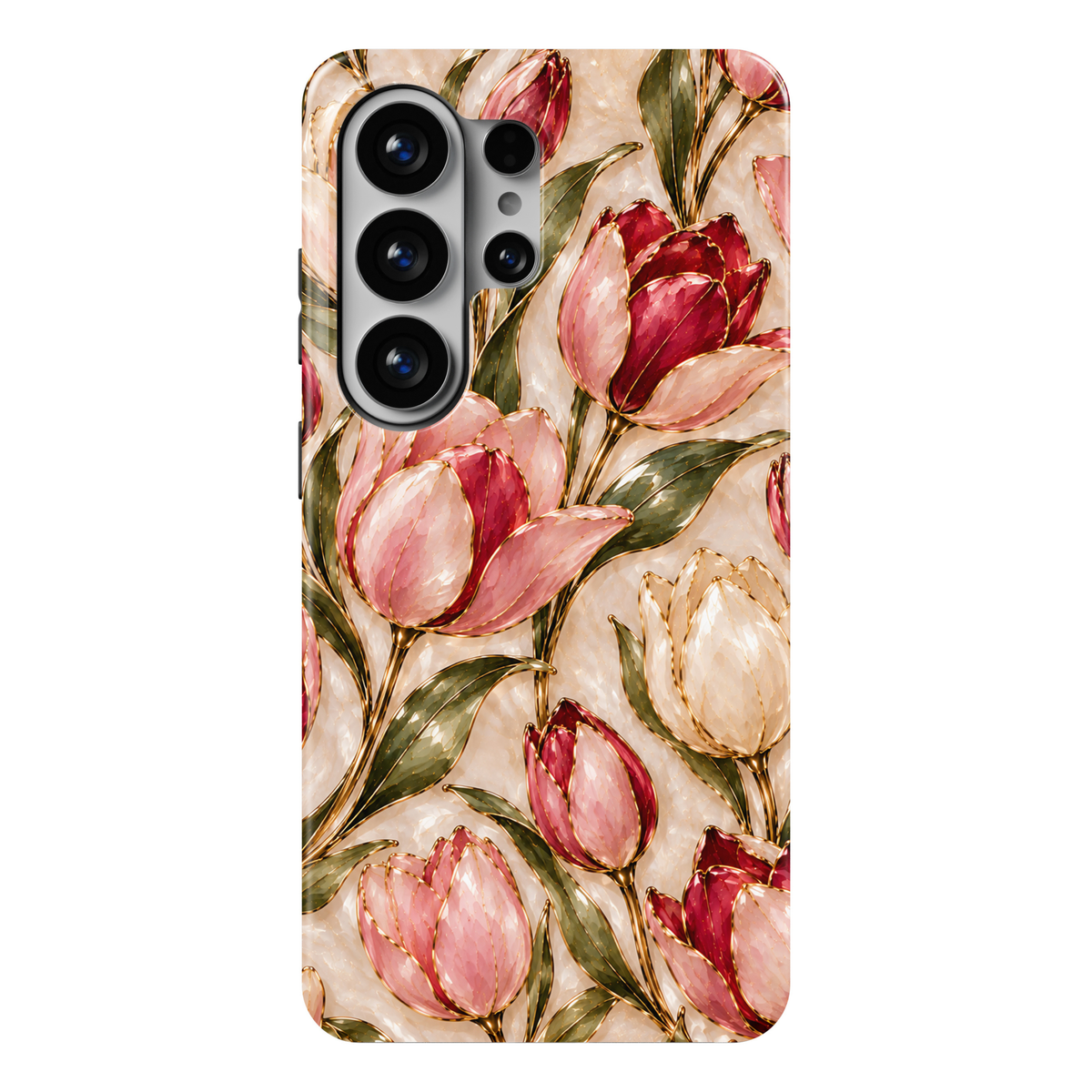 CASELIX Rose Tulip Samsung Galaxy S26 Ultra Tough MagSafe protective phone case featuring a luxurious pearlescent ivory and champagne-cream background adorned with elegant pink tulips in soft blush, dusty rose, and deep ruby-red tones. Intricate metallic gold-inspired outlines highlight the delicately layered tulip petals, graceful golden stems, rich olive-green botanical leaves, and beautifully detailed unopened flower buds. Romantic ivory-white tulips and subtle shimmering marble-inspired textures complem