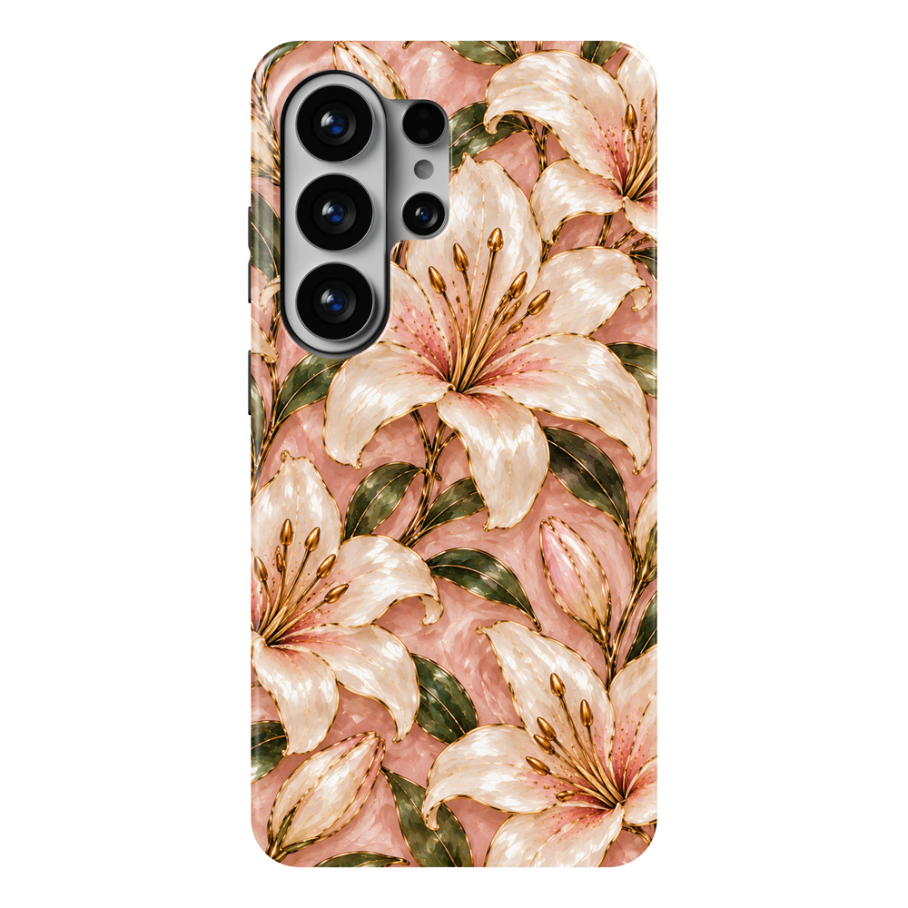 CASELIX Blush Lily Samsung Galaxy S26 Ultra Tough MagSafe protective phone case featuring a romantic soft blush-pink marble-inspired background adorned with large, luminous ivory-white lilies, delicate champagne-pink floral petals, and elegant olive-green botanical leaves. Intricate metallic gold-inspired outlines accentuate the silky, pearlescent lily petals, soft rosy-pink flower centers, graceful golden stamens, and beautifully detailed unopened lily buds. The luxurious repeating pattern combines warm pe