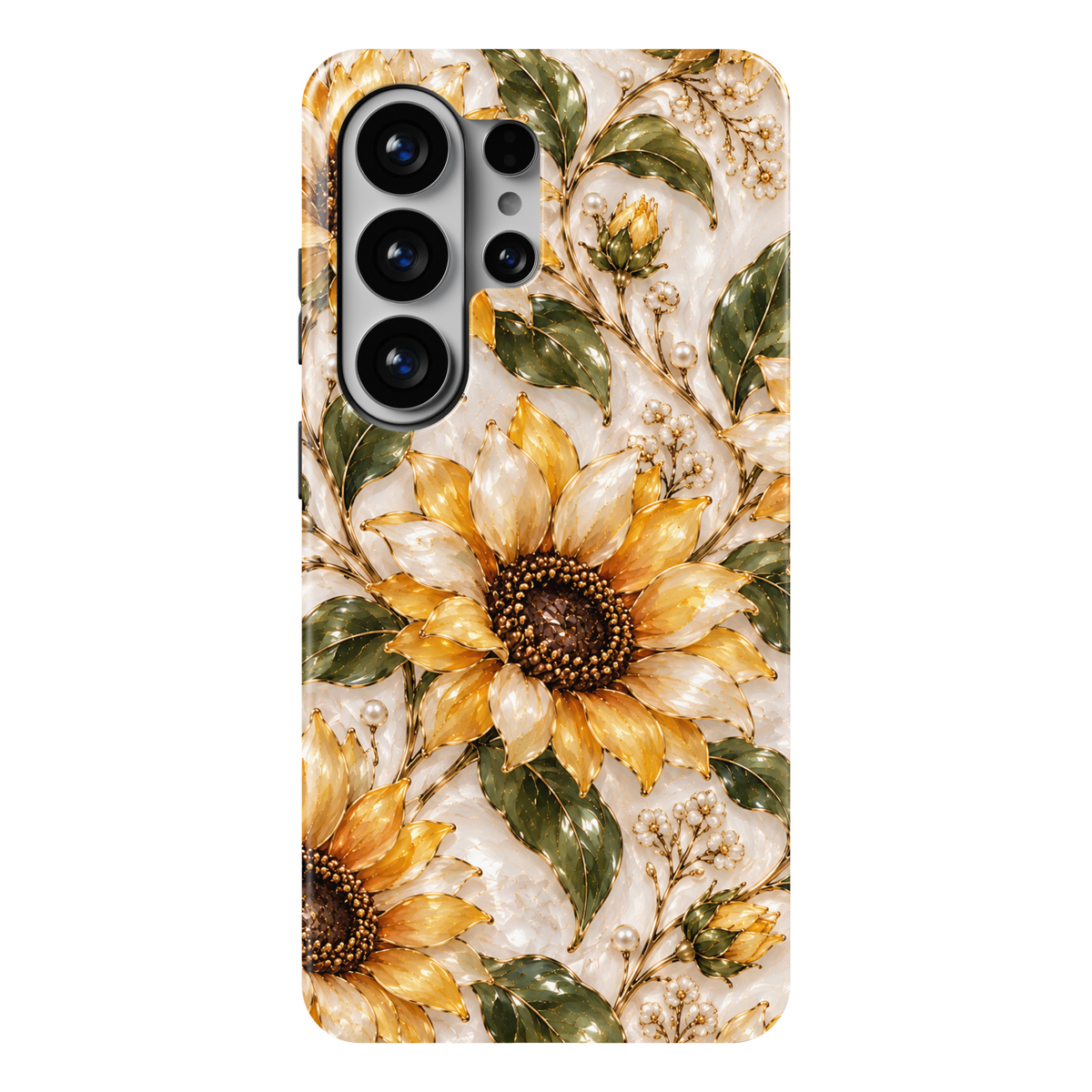 CASELIX Golden Sunflower Samsung Galaxy S26 Ultra Tough MagSafe protective phone case featuring a luxurious pearlescent ivory background adorned with radiant golden-yellow sunflowers, luminous champagne-white petals, and rich chocolate-brown floral centers embellished with intricate gold-inspired detailing. Elegant olive-green botanical leaves, delicate sunflower buds, tiny ivory blossoms, and scattered pearl-inspired accents complement the graceful golden stems and shimmering floral outlines. The sophistic