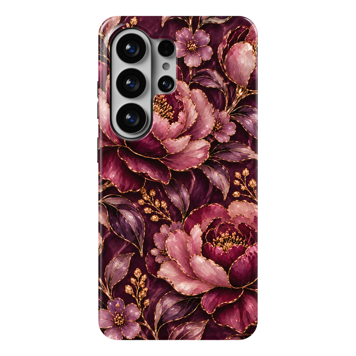 CASELIX Amethyst Peony Samsung Galaxy S26 Ultra Tough MagSafe protective phone case featuring a luxurious deep plum and burgundy background adorned with large, romantic peony blossoms in rich amethyst-purple, dusty mauve, blush-pink, and wine-red tones. Intricate metallic gold-inspired outlines highlight the layered, pearlescent flower petals, delicate golden stamens, elegant floral buds, and graceful violet botanical leaves. Smaller lavender blossoms, shimmering gold berry branches, and subtle jewel-toned 