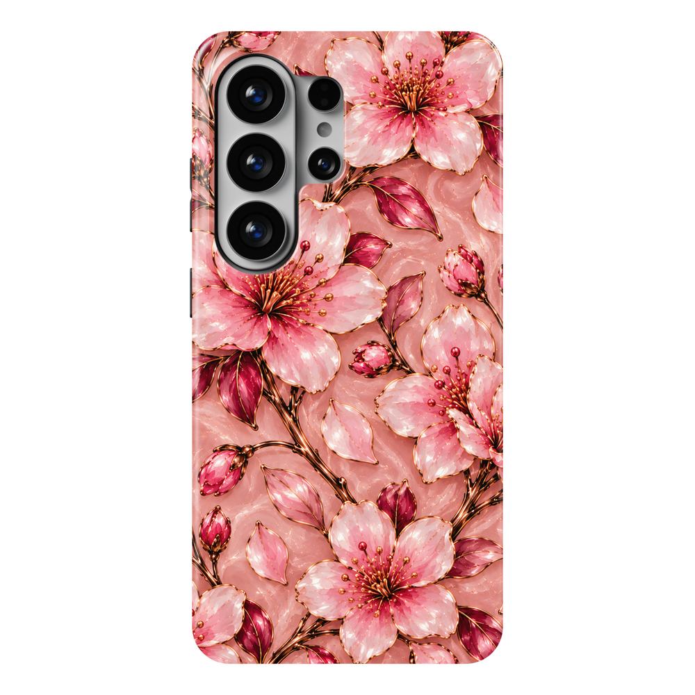 CASELIX Blush Sakura Samsung Galaxy S26 Ultra Tough MagSafe protective phone case featuring a romantic blush-pink background adorned with luminous cherry blossom flowers in delicate pastel pink, soft rose, and vibrant raspberry tones. Intricate metallic gold-inspired outlines highlight the silky, pearlescent petals, elegant golden stamens, graceful flowering branches, and rich ruby-pink leaves. Scattered cherry blossom buds and subtle shimmering marble-inspired textures create a luxurious Japanese sakura-in