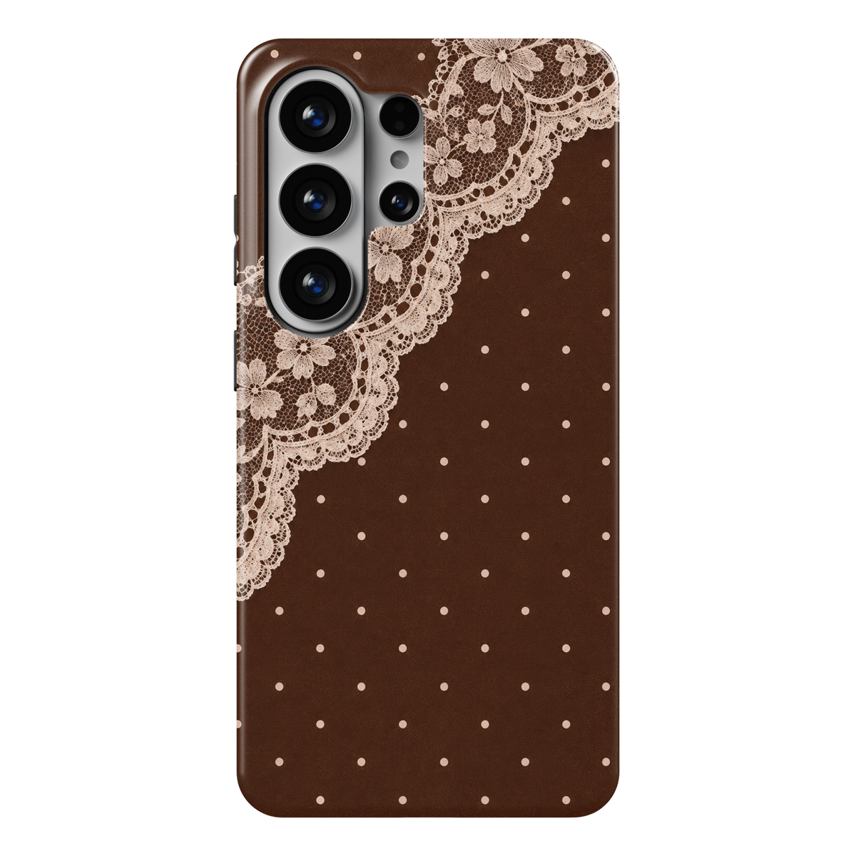 CASELIX Cocoa Lace Samsung Galaxy S26 Ultra Tough MagSafe protective phone case featuring a rich chocolate-brown background adorned with delicate ivory floral lace and tiny, evenly spaced cream polka dots. Intricate vintage-inspired lace detailing cascades diagonally across the upper portion of the case, showcasing elegant embroidered flowers, scalloped edges, and romantic crochet-inspired patterns. The sophisticated design combines warm espresso-brown tones, soft champagne-ivory lace, and minimalist dotted