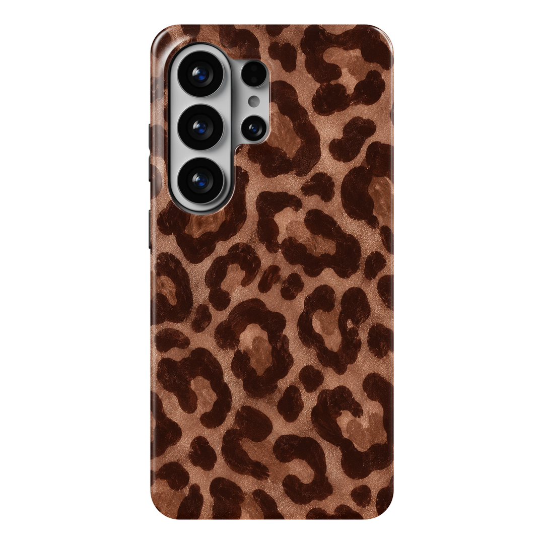 CASELIX Mocha Leopard Samsung Galaxy S26 Ultra Tough MagSafe protective phone case featuring a luxurious chocolate-brown leopard print pattern with bold, irregular dark espresso spots against a warm caramel and mocha-brown background. The rich, earthy color palette and softly textured animal-inspired markings create a sophisticated, fashionable safari aesthetic with a modern feminine touch. Stylish brown Samsung Galaxy phone case for women with a glossy printed finish, trendy leopard print artwork, chic cho
