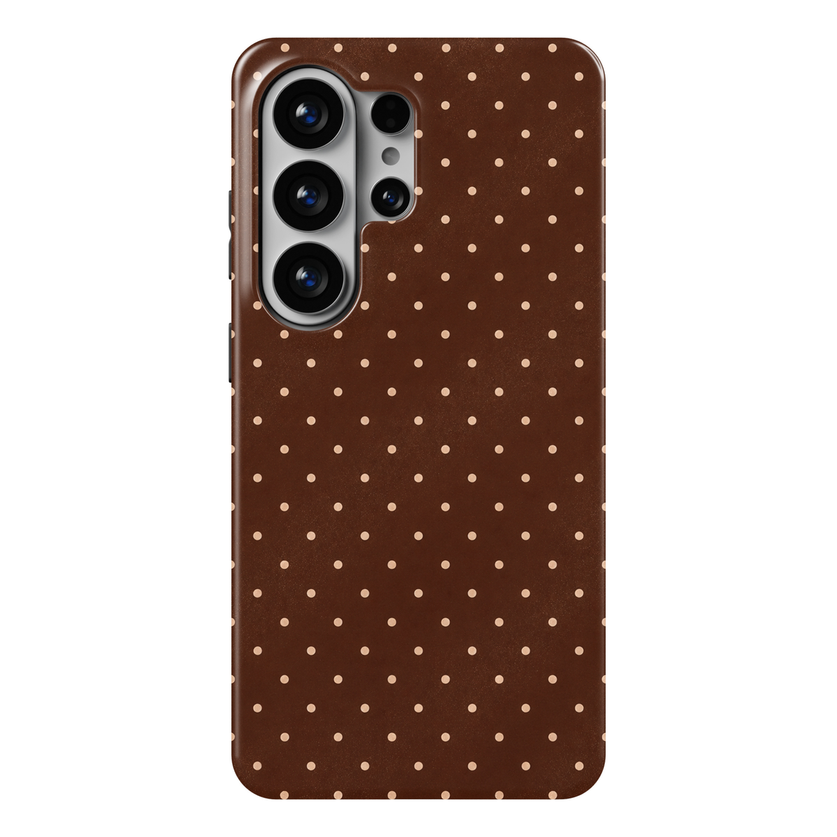 CASELIX Cocoa Dots Samsung Galaxy S26 Ultra Tough MagSafe protective phone case featuring a rich chocolate-brown background decorated with a delicate, evenly spaced pattern of tiny creamy beige polka dots. The minimalist repeating design combines warm espresso-brown tones, soft neutral accents, and classic dotted detailing for a sophisticated, timeless aesthetic. Stylish brown Samsung Galaxy phone case for women with a glossy printed finish, trendy chocolate brown aesthetic, cute minimalist polka dot patter