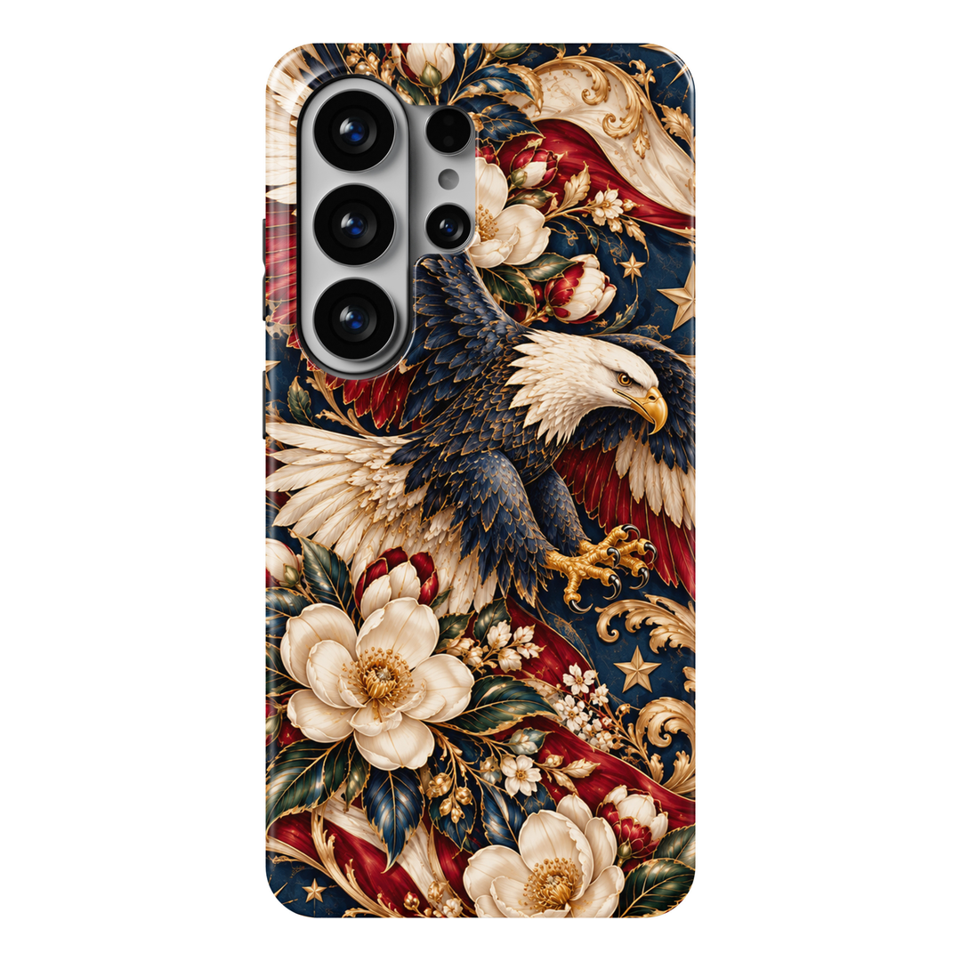 CASELIX American Majesty Samsung Galaxy Tough MagSafe protective phone case featuring a majestic American bald eagle with a white feathered head, powerful golden talons, and richly detailed navy-blue wings, surrounded by elegant ivory magnolia flowers, deep crimson-red accents, golden stars, ornate baroque scrollwork, and luxurious botanical foliage. Patriotic USA-inspired Galaxy S26 Ultra case for women with a glossy printed finish, sophisticated red white and blue American heritage artwork, luxury wildlif
