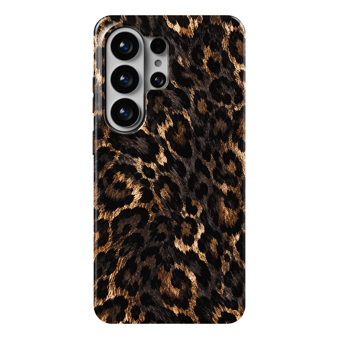 CASELIX Golden Prowl Samsung Galaxy S26 Ultra Tough MagSafe protective phone case featuring a luxurious black, espresso-brown, and shimmering gold leopard print pattern. The bold design showcases irregular jet-black leopard spots surrounded by radiant metallic gold-inspired accents against a richly textured dark chocolate and charcoal background. Intricate faux-fur detailing, natural-looking brushstrokes, and luminous golden highlights create a striking dimensional effect throughout the repeating animal pri