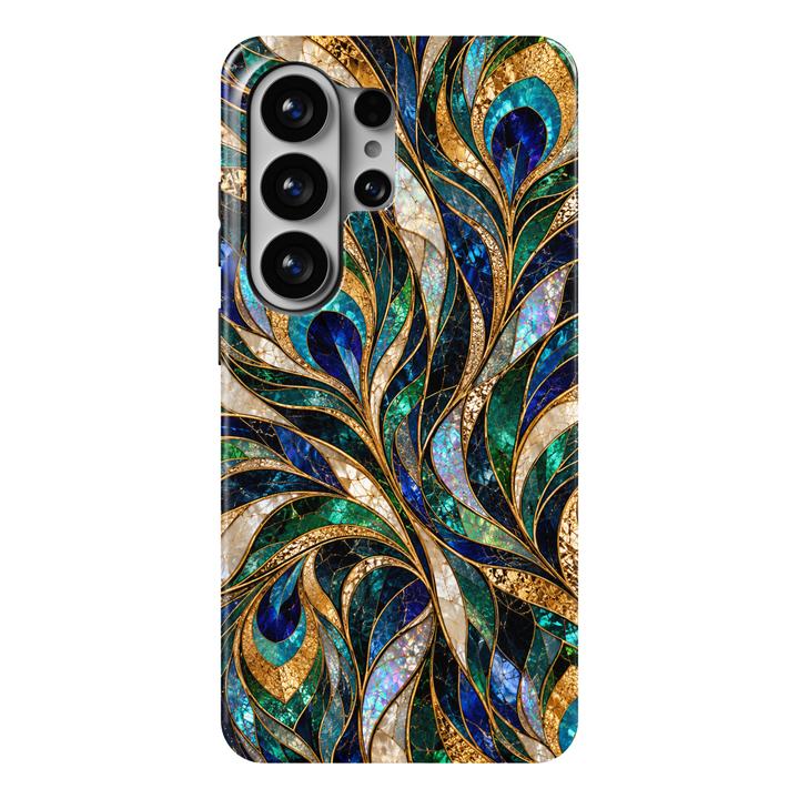 CASELIX Emerald Peacock Samsung Galaxy S26 Ultra Tough MagSafe protective phone case featuring luxurious flowing peacock feather-inspired patterns in rich emerald green, sapphire blue, deep teal, turquoise, and shimmering champagne gold. Magnificent peacock eye motifs with brilliant royal-blue centers, iridescent gemstone-inspired textures, luminous mother-of-pearl mosaic detailing, and intricate metallic gold-inspired outlines create an elegant stained-glass aesthetic. Sophisticated blue and green Samsung 